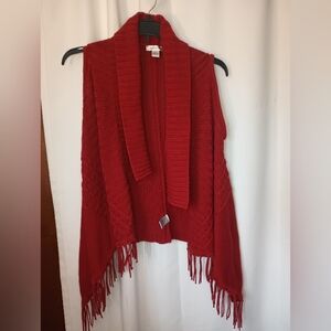 August Silk Womens Open Sweater Knit Fringe Vest Medium Red Southwestern Tomato